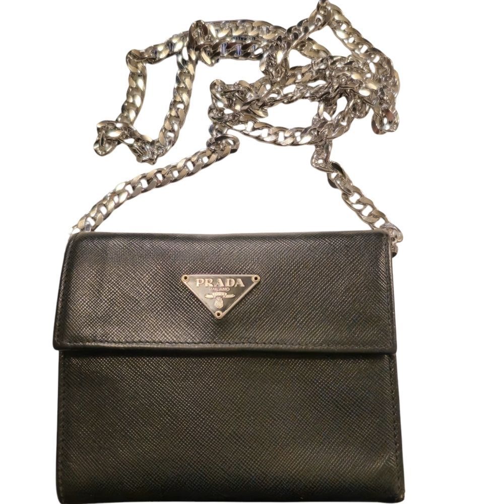 Prada Black Leather Wallet with Silver Chain
